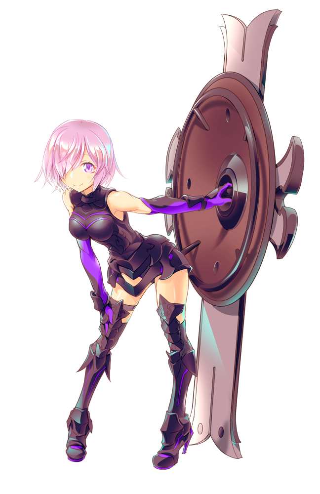 1girl armored_boots armored_leotard bent_over black_leotard boots breasts breasts_apart elbow_gloves fate/grand_order fate_(series) full_body gloves hair_over_one_eye hand_on_own_knee high_heel_boots high_heels holding_shield leotard mash_kyrielight medium_breasts noriccho! pink_eyes pink_hair purple_gloves shield shiny shiny_hair shiny_skin short_hair simple_background smile solo standing thigh-highs thigh_boots white_background