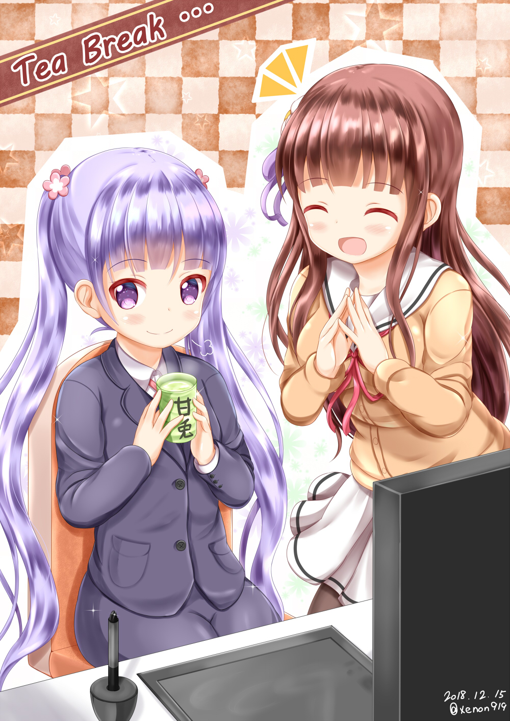 2girls :d ^_^ bangs black_jacket black_skirt blush brown_cardigan brown_legwear cardigan chair checkered checkered_background closed_eyes closed_eyes collared_shirt commentary_request company_connection cup dated drawing_tablet eyebrows_visible_through_hair facing_another formal gochuumon_wa_usagi_desu_ka? hair_ribbon highres holding holding_cup jacket long_hair manga_time_kirara multiple_girls neck_ribbon new_game! office_chair on_chair open_mouth pantyhose purple_hair purple_ribbon red_ribbon ribbon sailor_collar shirt sidelocks sitting skirt skirt_suit smile standing star steepled_fingers stylus suit suzukaze_aoba tea twintails twitter_username ujimatsu_chiya very_long_hair violet_eyes white_sailor_collar white_shirt white_skirt yunomi zenon_(for_achieve)