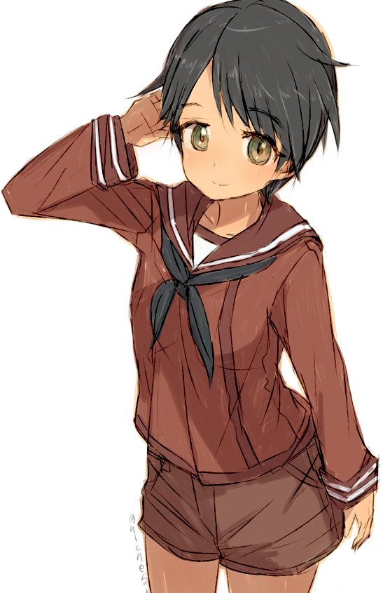 1girl alchera artist_name bangs black_hair black_neckwear brown_eyes brown_serafuku brown_shirt brown_shorts contrapposto cowboy_shot kantai_collection long_sleeves mogami_(kantai_collection) neckerchief open_mouth sailor_collar sailor_shirt school_uniform serafuku shirt short_hair shorts silhouette simple_background smile solo standing swept_bangs white_background