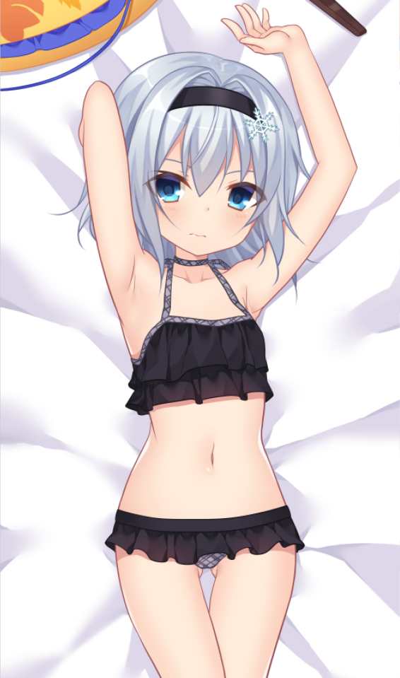 1girl armpits arms_up ass_visible_through_thighs bangs bare_arms bare_shoulders bed_sheet bikini black_bikini black_hairband blue_eyes blush collarbone commentary craytm dakimakura english_commentary hair_between_eyes hair_ornament hairband lying navel on_back ryuuou_no_oshigoto! silver_hair snowflake_hair_ornament solo sora_ginko swimsuit thigh_gap