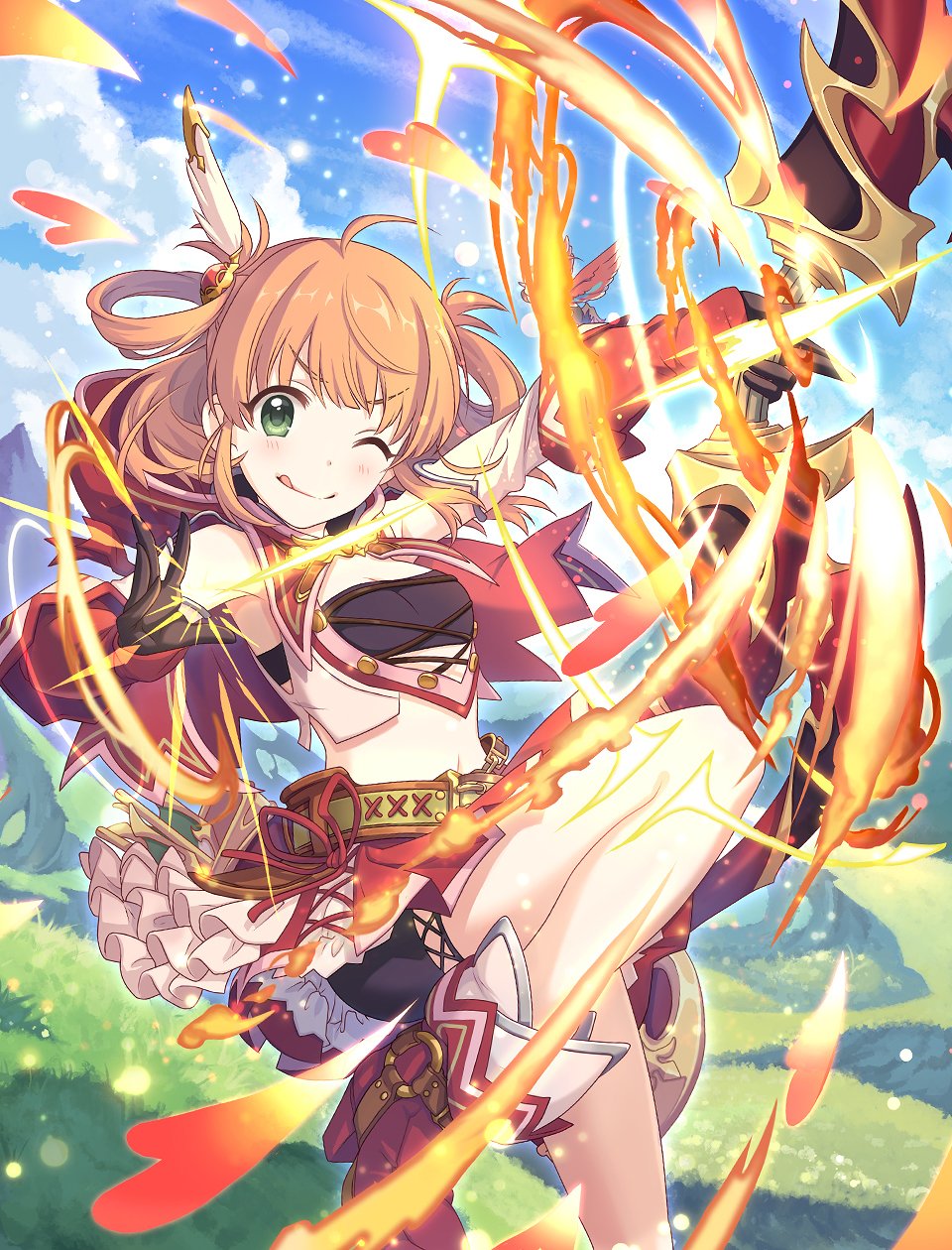 1girl :p belt bike_shorts boots bow_(weapon) breasts cleavage clouds detached_sleeves fire gloves green_eyes hair_ornament hair_rings highres inosaki_rino leg_up looking_at_viewer medium_breasts midriff mountain navel official_art orange_hair princess_connect! quiver shorts shorts_under_skirt solo tongue tongue_out weapon