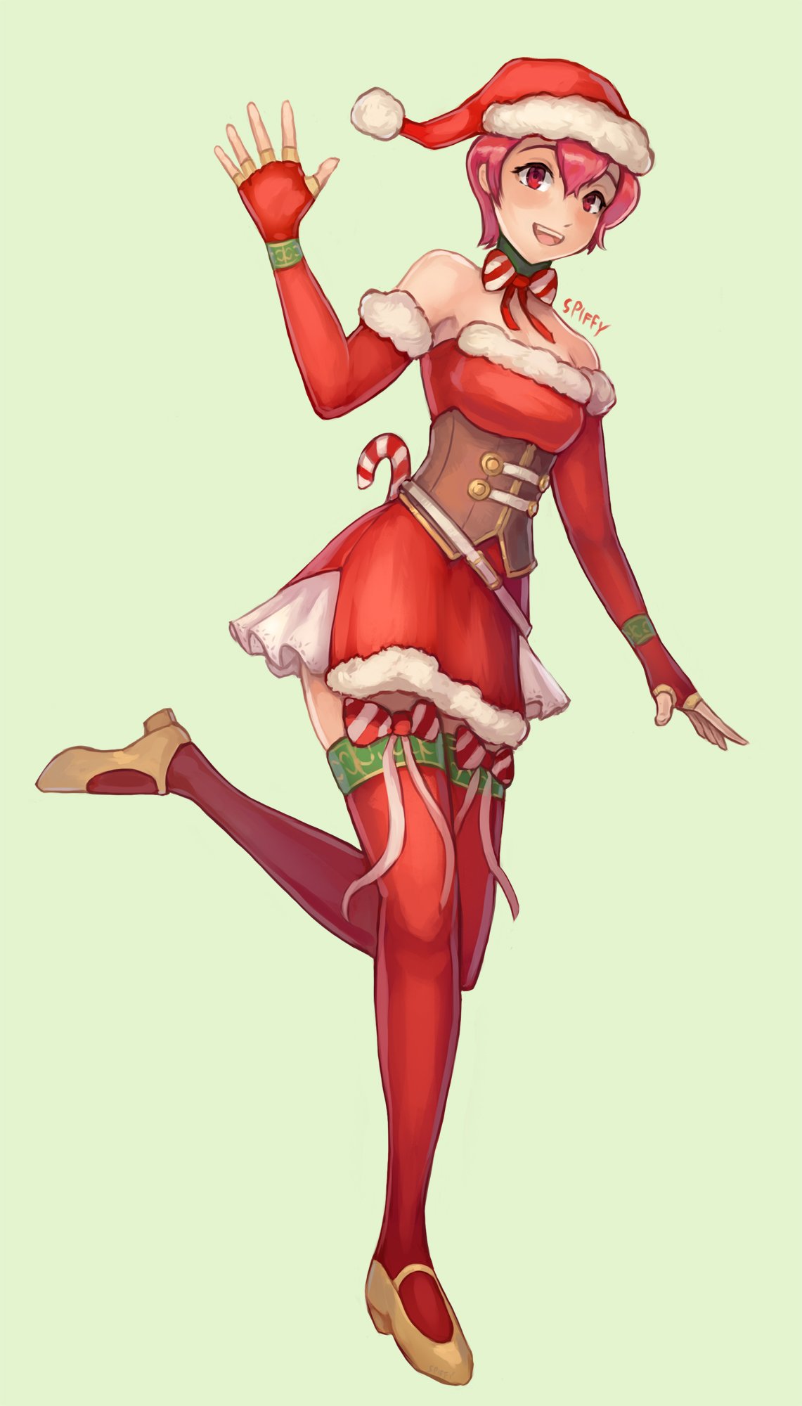 artist_name candy candy_cane elbow_gloves est fingerless_gloves fire_emblem fire_emblem:_mystery_of_the_emblem food full_body fur_trim gloves green_background hat highres leg_up nintendo open_mouth pink_hair pom_pom_(clothes) red_eyes red_gloves red_hat red_legwear santa_costume santa_hat short_hair simple_background spiffydc thigh-highs zettai_ryouiki