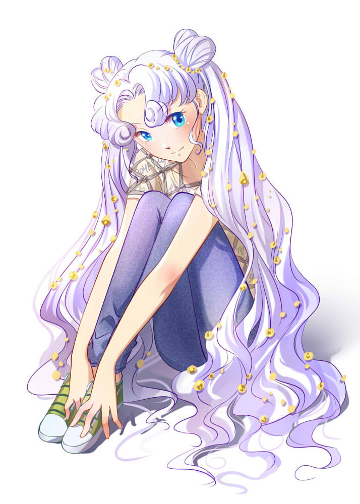 1girl bishoujo_senshi_sailor_moon blue_eyes blue_pants blush denim double_bun eyebrows_visible_through_hair full_body hair_ornament jeans kaminary long_hair looking_at_viewer pants sailor_cosmos shirt shoes short_sleeves silver_hair simple_background sitting smile sneakers solo twintails very_long_hair white_background white_shirt