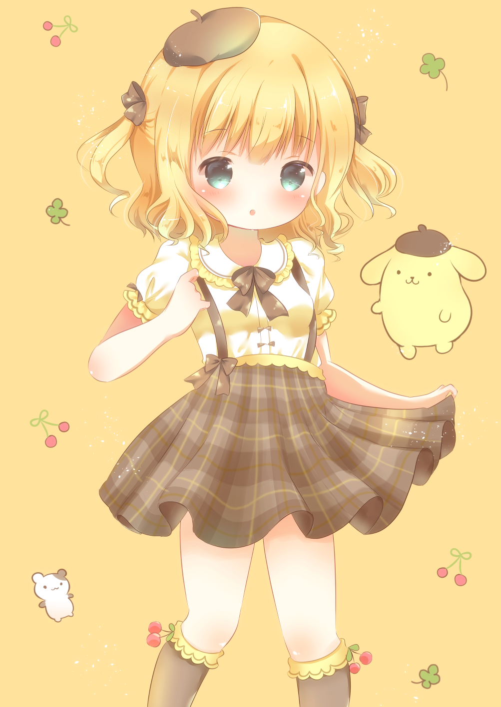 1girl :3 :o animal bangs beret blonde_hair blush bow breasts brown_bow brown_hat brown_legwear brown_skirt cherry closed_mouth clover collared_shirt commentary_request cute dog eyebrows_visible_through_hair food four-leaf_clover frilled_shirt_collar frills fruit gochuumon_wa_usagi_desu_ka? green_eyes hair_bow hand_up hat highres kirima_sharo kneehighs loli orange_background parted_lips plaid plaid_skirt pompompurin puffy_short_sleeves puffy_sleeves rin_(fuwarin) sanrio shirt short_sleeves skirt small_breasts suspender_skirt suspenders tokyo_mx two_side_up white_fox yellow_shirt