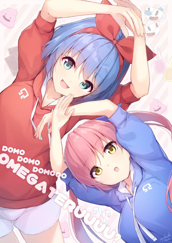 2girls bangs blue_bow blue_eyes blue_hair bow commentary_request cuphead cuphead_(game) eyebrows_visible_through_hair hair_bow hairband hood hoodie long_hair mugman multiple_girls nijihashi_sora omega_rei omega_rio omega_sisters open_mouth pink_hair poop romaji short_hair smile twintails virtual_youtuber yellow_eyes