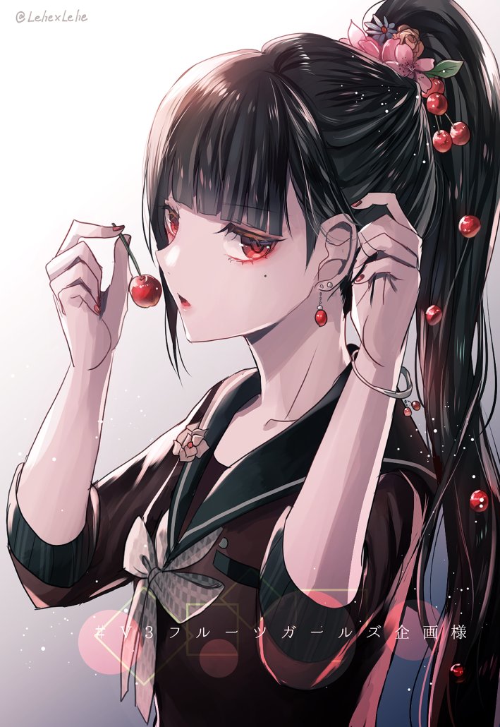 1girl bangs black_hair black_sailor_collar blunt_bangs bracelet collarbone dangan_ronpa earrings eyebrows_visible_through_hair food fruit grey_neckwear hair_ornament hand_in_hair harukawa_maki high_ponytail holding holding_food holding_fruit jewelry long_hair nail_polish new_dangan_ronpa_v3 red_eyes red_nails red_shirt sailor_collar shirt solo twitter_username upper_body very_long_hair z-epto_(chat-noir86)