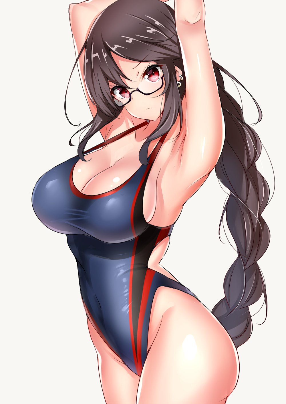 1girl arms_up black-framed_eyewear black_hair blue_swimsuit braid breasts commentary_request competition_swimsuit cowboy_shot ear_piercing earrings glasses grey_background highleg highleg_swimsuit highres jewelry large_breasts long_hair looking_at_viewer one-piece_swimsuit original piercing red_eyes sankakusui semi-rimless_eyewear simple_background single_braid solo swimsuit under-rim_eyewear