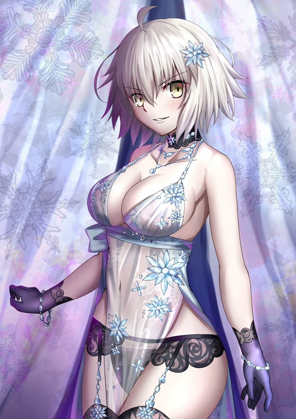 1girl artoria_pendragon_(all) artoria_pendragon_(lancer_alter) artoria_pendragon_(lancer_alter)_(cosplay) bangs black_legwear black_panties blue_flower blush breasts brown_eyes cleavage collarbone commentary_request cosplay curtains eyebrows_visible_through_hair fate/grand_order fate_(series) flower garter_belt gloves grey_hair hair_between_eyes hair_flower hair_ornament head_tilt highres jeanne_d'arc_(alter)_(fate) jeanne_d'arc_(fate)_(all) jewelry large_breasts lingerie looking_at_viewer mishiro0229 necklace panties parted_lips purple_gloves royal_icing see-through short_hair snowflake_print solo thigh-highs underwear