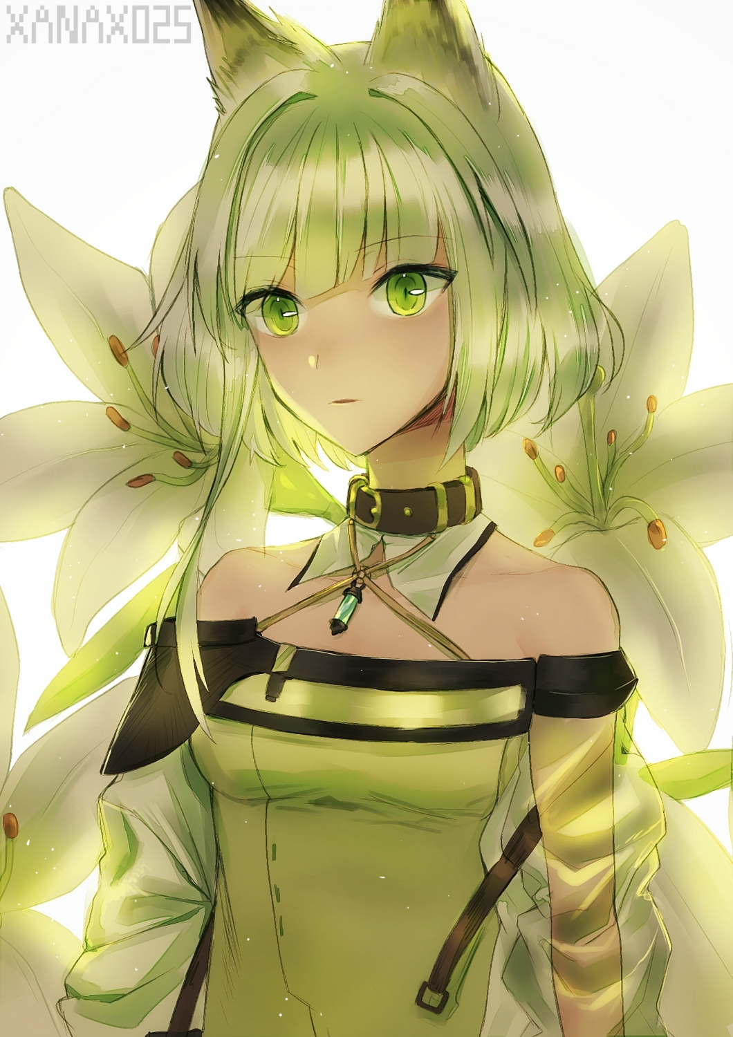 1girl animal_ears arknights artist_name bare_shoulders bright_background detached_collar flower green_eyes highres jewelry kaitsit_(arknights) lily_(flower) parted_lips pendant see-through_sleeves short_hair solo upper_body white_background xanax025