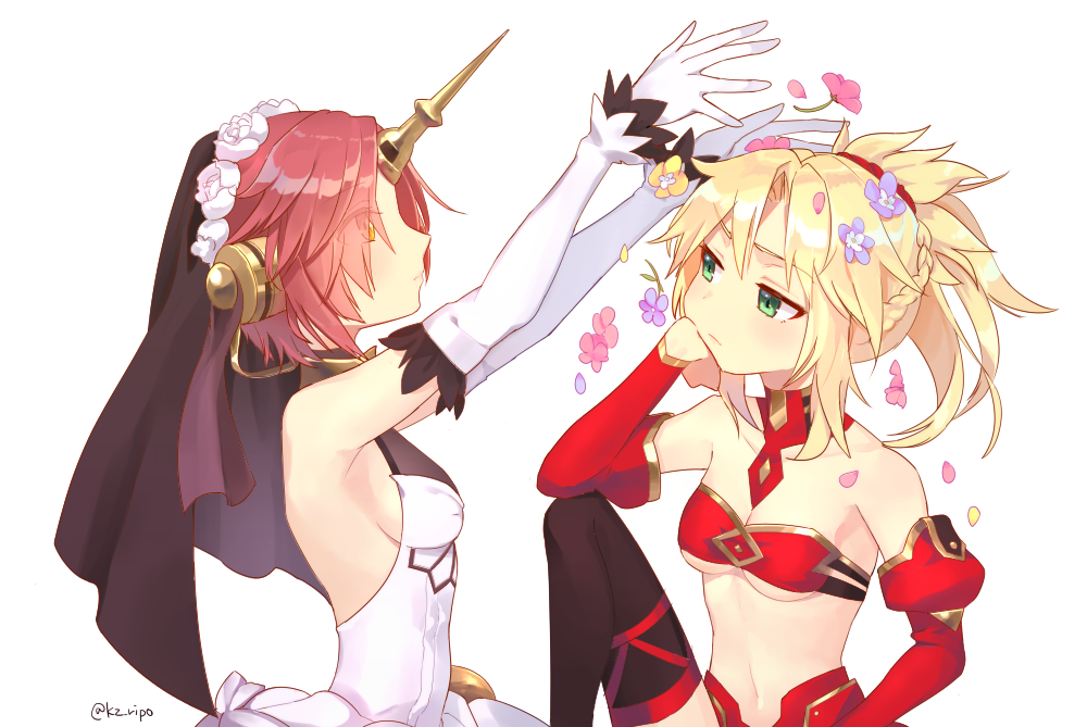2girls arms_up bandeau bangs bare_shoulders blonde_hair braid breasts brown_eyes closed_mouth cola detached_sleeves dress eyebrows_visible_through_hair fate/apocrypha fate/grand_order fate_(series) flower frankenstein's_monster_(fate) gloves green_eyes hair_between_eyes hair_flower hair_ornament hair_scrunchie juliet_sleeves kz_ripo long_hair long_sleeves looking_at_another mordred_(fate) mordred_(fate)_(all) multiple_girls navel pink_flower pink_hair ponytail profile puffy_sleeves purple_flower red_bandeau red_scrunchie red_sleeves scrunchie sidelocks simple_background sitting sleeveless sleeveless_dress small_breasts white_background white_dress white_gloves yellow_flower
