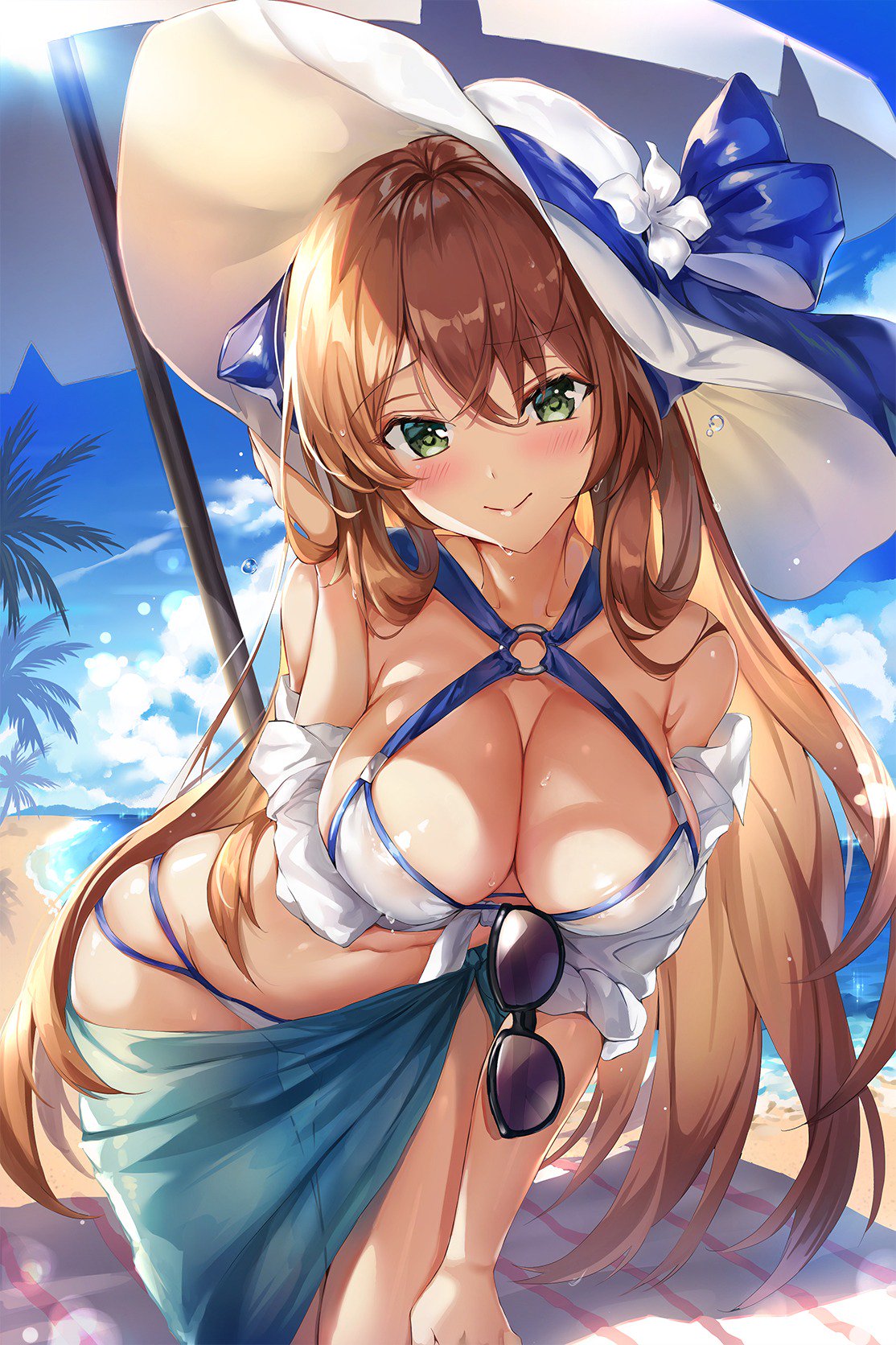 1girl bangs bare_shoulders beach beach_umbrella bikini blue_ribbon blue_sky blush breasts brown_hair cleavage closed_mouth girls_frontline green_eyes hair_between_eyes hair_rings hat highres hips large_breasts leaning_forward long_hair looking_at_viewer m1903_springfield_(girls_frontline) narae o-ring off_shoulder open_clothes open_shirt palm_tree ribbon sarong shirt sidelocks sky smile solo sun_hat sunglasses swimsuit thighs tree umbrella wet white_bikini white_shirt