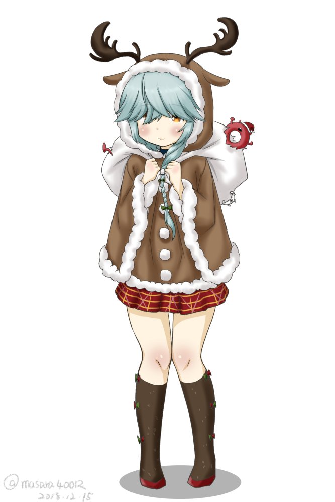 1girl 1other ahoge animal_hood antlers braid brown_footwear dated enemy_lifebuoy_(kantai_collection) full_body grey_hair hair_over_one_eye hair_ribbon hamanami_(kantai_collection) hood kantai_collection long_hair long_sleeves masara_(masalucky2010) orange_eyes plaid plaid_skirt pleated_skirt red_skirt reindeer_antlers reindeer_hood ribbon sack simple_background single_braid skirt standing twitter_username white_background