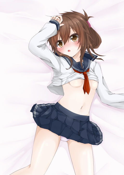 1girl anchor_symbol black_sailor_collar black_skirt blush breasts brown_eyes brown_hair cowboy_shot eyebrows_visible_through_hair folded_ponytail hair_between_eyes inazuma_(kantai_collection) kantai_collection long_hair long_sleeves looking_at_viewer lying navel neckerchief open_mouth panties pleated_skirt red_neckwear sailor_collar school_uniform serafuku shirt shirt_pull simple_background siroyuki skirt small_breasts solo stomach under_boob underwear white_background white_panties white_shirt