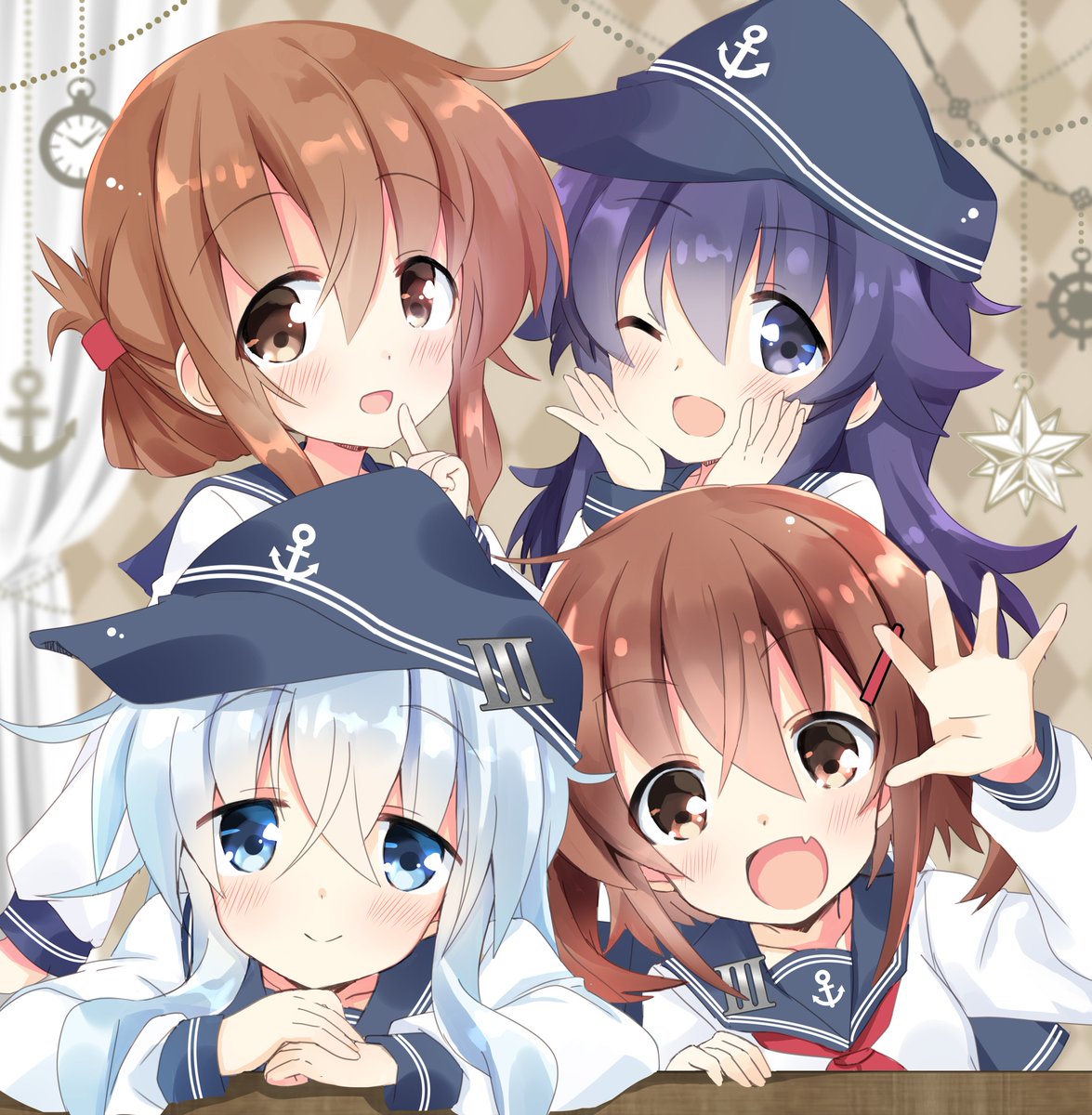 4girls :d ;d akatsuki_(kantai_collection) anchor anchor_symbol black_eyes black_hair black_sailor_collar blue_eyes blurry brown_hair commentary_request curtains depth_of_field fang flat_cap folded_ponytail hair_ornament hairclip hat hibiki_(kantai_collection) highres hizuki_yayoi ikazuchi_(kantai_collection) inazuma_(kantai_collection) kantai_collection long_hair long_sleeves looking_at_viewer multiple_girls neckerchief one_eye_closed open_mouth red_neckwear sailor_collar school_uniform serafuku short_hair silver_hair smile upper_body waving