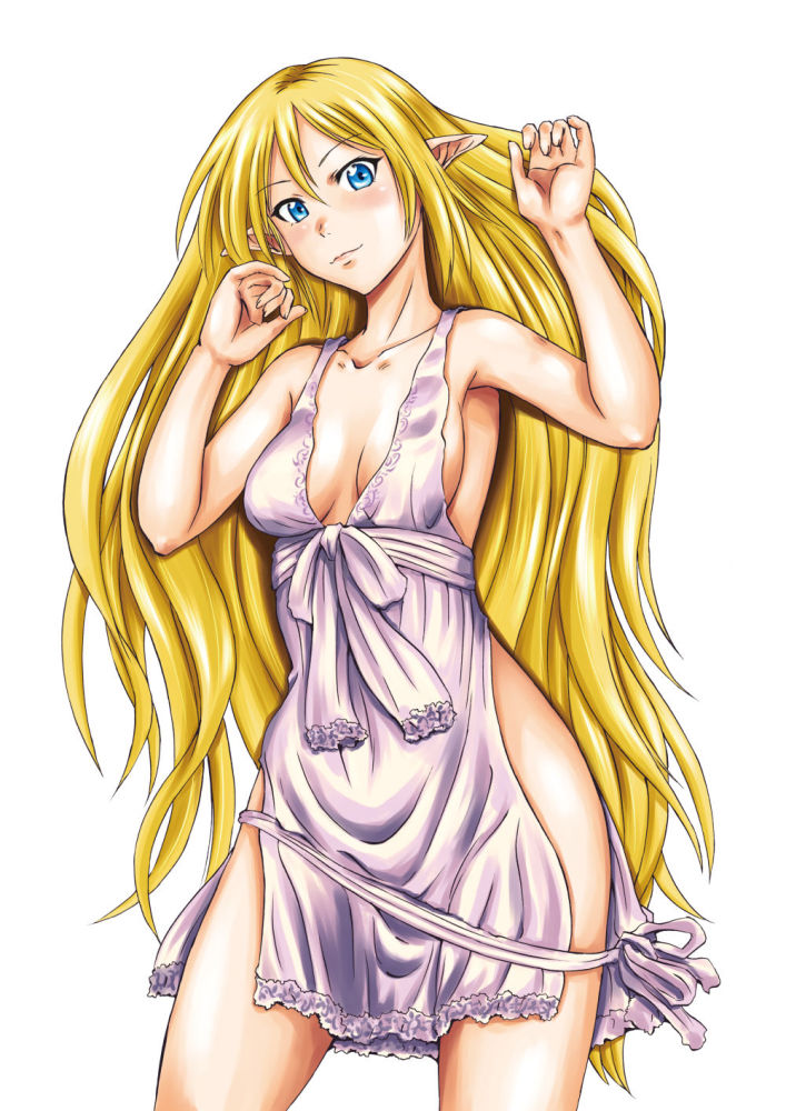 1girl armpits blonde_hair blonde_pubic_hair blue_eyes blush braid breasts cleavage collarbone dress elf gate_-_jieitai_ka_no_chi_nite_kaku_tatakaeri long_hair looking_at_viewer medium_breasts nib_pen_(medium) pointy_ears ponytail sao_satoru single_braid sleeveless sleeveless_dress smile solo traditional_media tuka_luna_marceau very_long_hair white_background white_dress