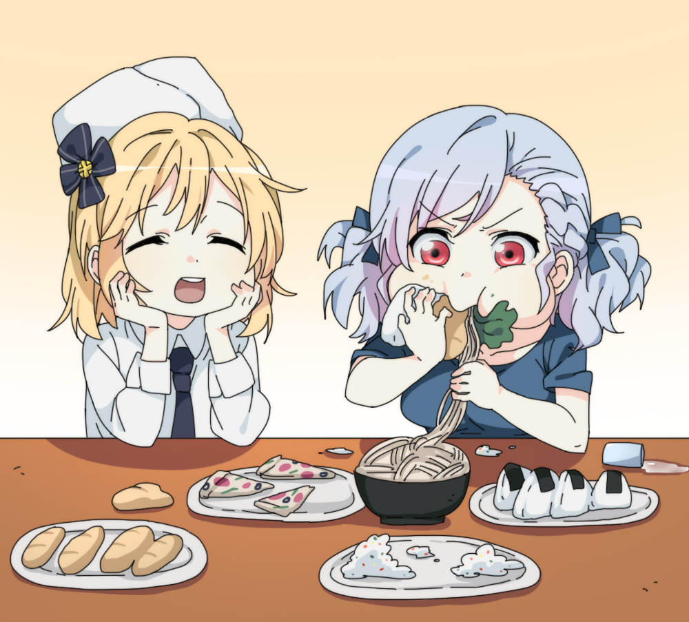 2girls blonde_hair closed_eyes eating food food_in_mouth fur_hat girls_frontline glass gradient_hair hat multicolored_hair multiple_girls nagant_revolver_(girls_frontline) pizza plate red_eyes sidarim spas-12_(girls_frontline) twintails