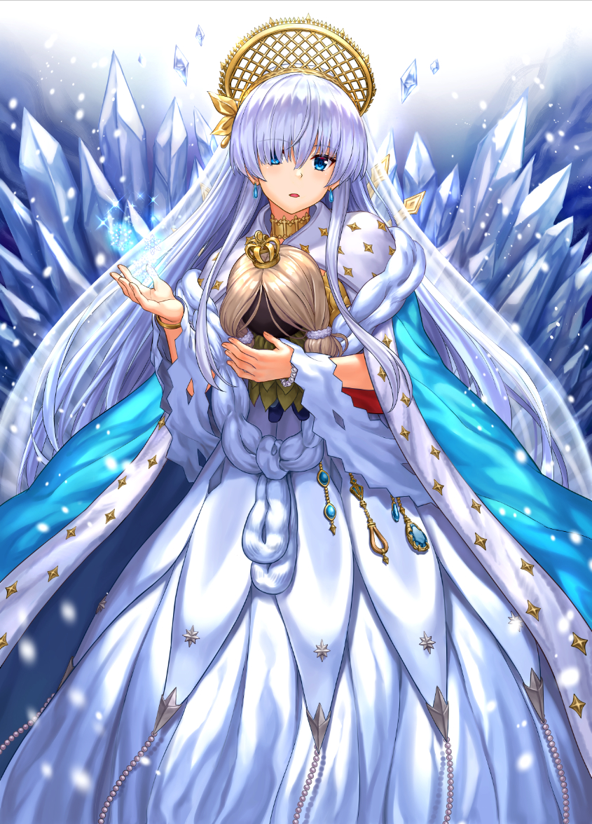 1girl anastasia_(fate/grand_order) bangs blue_cloak blue_eyes cloak commentary_request crown dress earrings eyebrows_visible_through_hair fate/grand_order fate_(series) hair_over_one_eye hand_up head_tilt ice jewelry light_brown_hair long_hair mini_crown npcpepper parted_lips royal_robe silver_hair solo very_long_hair white_dress