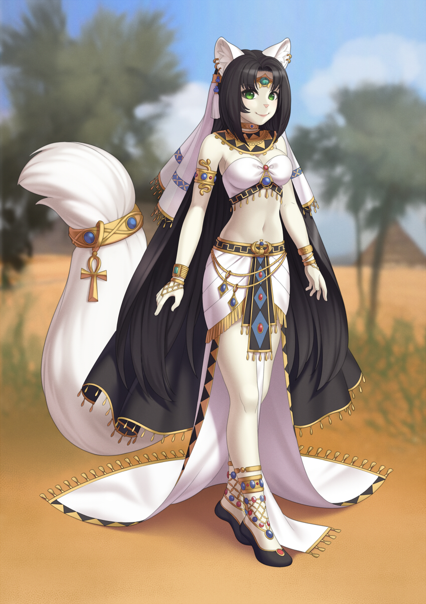 1girl animal_ears ankh anklet armlet bandeau bangs belly_chain black_footwear black_hair borrowed_character bracelet breasts cape cat_ears cat_girl cat_tail circlet commission cristalavi desert ear_piercing earrings egyptian_clothes full_body fur furry gem gold green_eyes highres jewelry long_hair looking_at_viewer medium_breasts midriff navel necklace original outdoors parted_bangs piercing pyramid skirt smile solo standing tail tree veil very_long_hair white_skirt