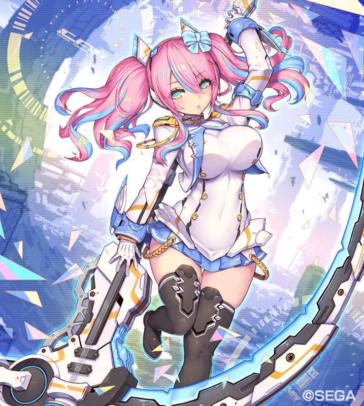1girl 2d black_legwear blue_background blue_bow blue_eyes blue_skirt blush bow breasts bright_pupils chunithm_star commentary_request eyebrows_visible_through_hair hair_between_eyes hair_bow hand_up holding holding_sword holding_weapon large_breasts long_hair multicolored multicolored_eyes multicolored_hair parted_lips pink_hair pleated_skirt shirt skirt solo standing standing_on_one_leg streaked_hair sword thigh-highs twintails watermark weapon white_shirt