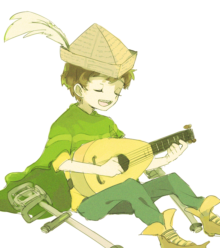 1boy braces brown_hair cape closed_eyes crutch hat instrument jimmy_valmer music open_mouth paper_hat playing_instrument short_hair sitting smile south_park south_park:_the_stick_of_truth yoyterra