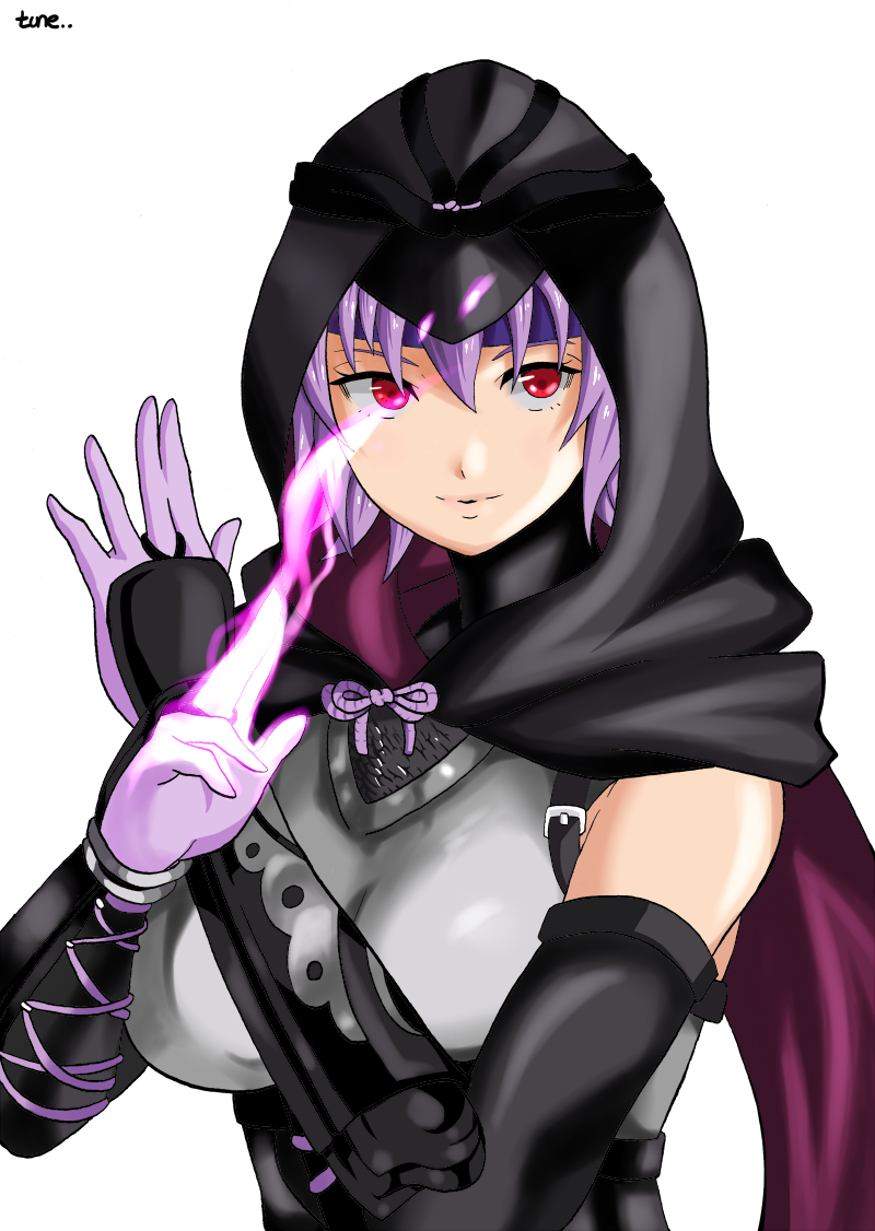 1girl arm_guards armor aura ayane ayane_(doa) bangs bodysuit breasts closed_mouth commentary_request dead_or_alive dead_or_alive_6 elbow_gloves gloves headband hood hood_up lips looking_at_viewer medium_breasts ninja purple_hair red_eyes simple_background solo tsune_(tnmy4375) upper_body white_background