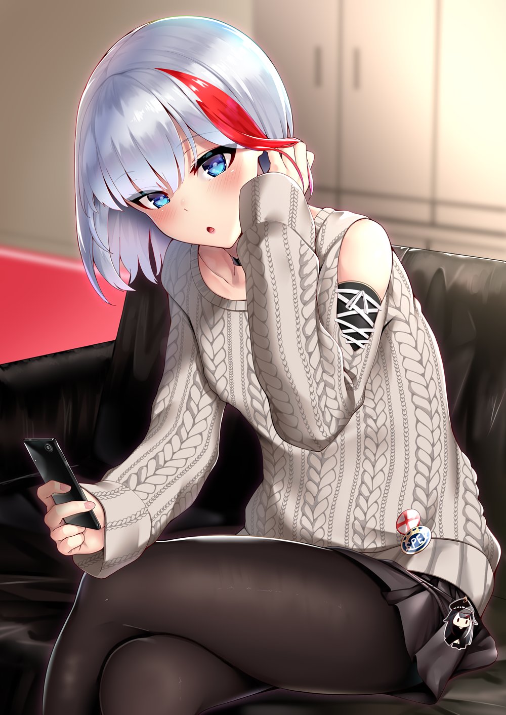 1girl 3104_(3104milkshake) azur_lane blue_eyes blush cellphone graf_spee_(azur_lane) graf_spee_(zhan_jian_shao_nyu) highres holding holding_cellphone holding_phone indoors multicolored_hair open_mouth phone shirt short_hair smartphone solo streaked_hair sweater