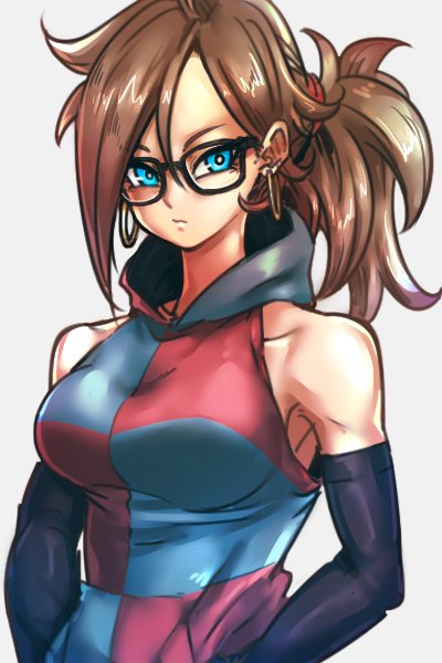 1girl alternate_hairstyle android_21 arms_at_sides bare_shoulders blue_dress blue_eyes breasts brown_hair checkered checkered_dress dragon_ball dragon_ball_fighterz dress earrings expressionless glasses grey_background hood hood_down hooded_dress hoop_earrings jewelry long_hair looking_away ponytail red_dress simple_background solo st62svnexilf2p9 two-tone_dress upper_body