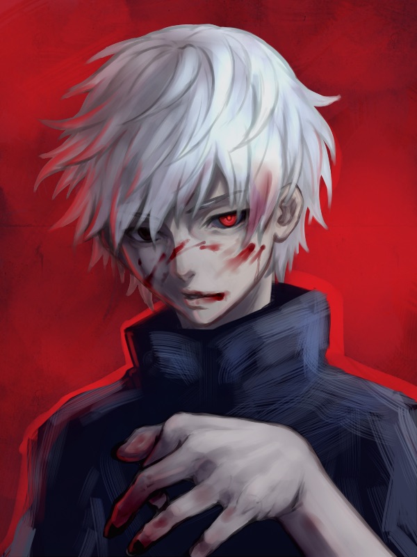 1boy bite_addict black_eyes black_nails blood blood_on_face bloody_hair bloody_hands bloody_mouth eyebrows_visible_through_hair hands heterochromia kaneki_ken medium_hair nail_polish parted_lips red_eyes sketch solo tokyo_ghoul upper_body white_hair