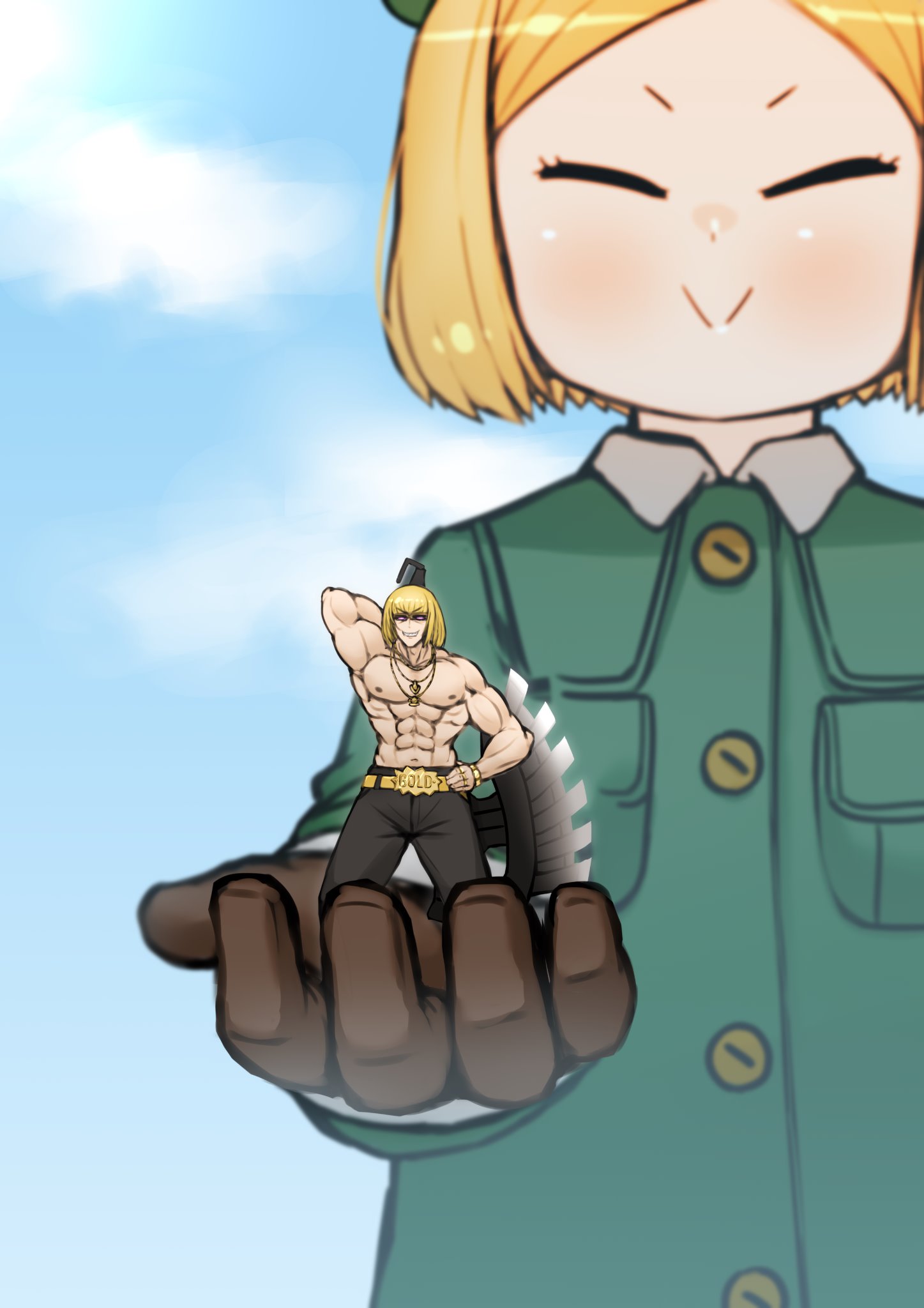 1boy 1girl :&gt; axe bangs belt black_pants blonde_hair blue_sky blurry blurry_background blush brown_gloves closed_eyes closed_mouth coat commentary_request day depth_of_field eyebrows_visible_through_hair fate/grand_order fate_(series) giantess gloves green_coat green_hat grin hand_on_hip hat highres holding holding_weapon long_sleeves looking_at_viewer muscle outdoors pants parted_bangs paul_bunyan_(fate/grand_order) rei_(rei_rr) sakata_kintoki_(fate/grand_order) shirtless short_hair sky smile sunglasses weapon