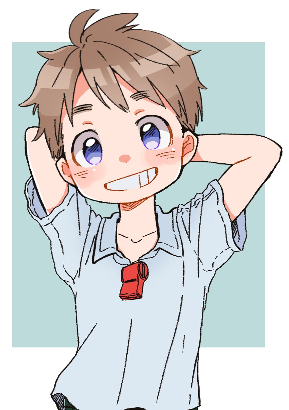 1boy arms_behind_head blue_background blue_shirt blush brown_hair collared_shirt commentary_request eyebrows_visible_through_hair grin highres looking_at_viewer made_in_abyss male_focus shirt short_sleeves simple_background smile solo standing upper_body usuki_(usukine1go) violet_eyes whistle