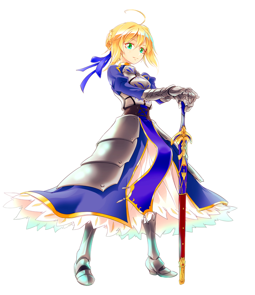 1girl ahoge armor armored_boots armored_dress artoria_pendragon_(all) blonde_hair blue_dress blue_ribbon boots braided_bun corset dress eyebrows_visible_through_hair fate/stay_night fate_(series) faulds full_body gauntlets green_eyes hair_between_eyes hair_ribbon hands_on_hilt noriccho! ribbon saber sheath sheathed shiny shiny_hair sidelocks simple_background smile solo standing sword weapon white_background
