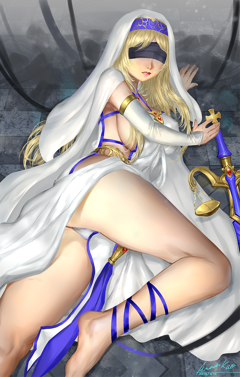 1girl ariverkao barefoot blindfold blonde_hair breasts detached_sleeves dress facing_viewer goblin_slayer! habit highres jewelry large_breasts lips long_hair lying necklace on_side panties parted_lips ribbon sideboob solo sword sword_maiden underwear weapon white_dress white_panties