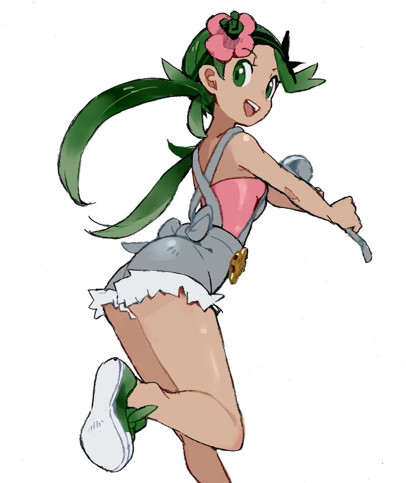 1girl :d american_dog_wo ass bare_arms bare_shoulders breasts creatures_(company) dark_skin flower game_freak green_eyes green_footwear green_hair holding ladle leg_up long_hair looking_at_viewer mallow_(pokemon) nintendo open_mouth overalls pink_flower pokemon pokemon_(game) pokemon_sm shoes simple_background small_breasts smile solo teeth trial_captain twintails white_background