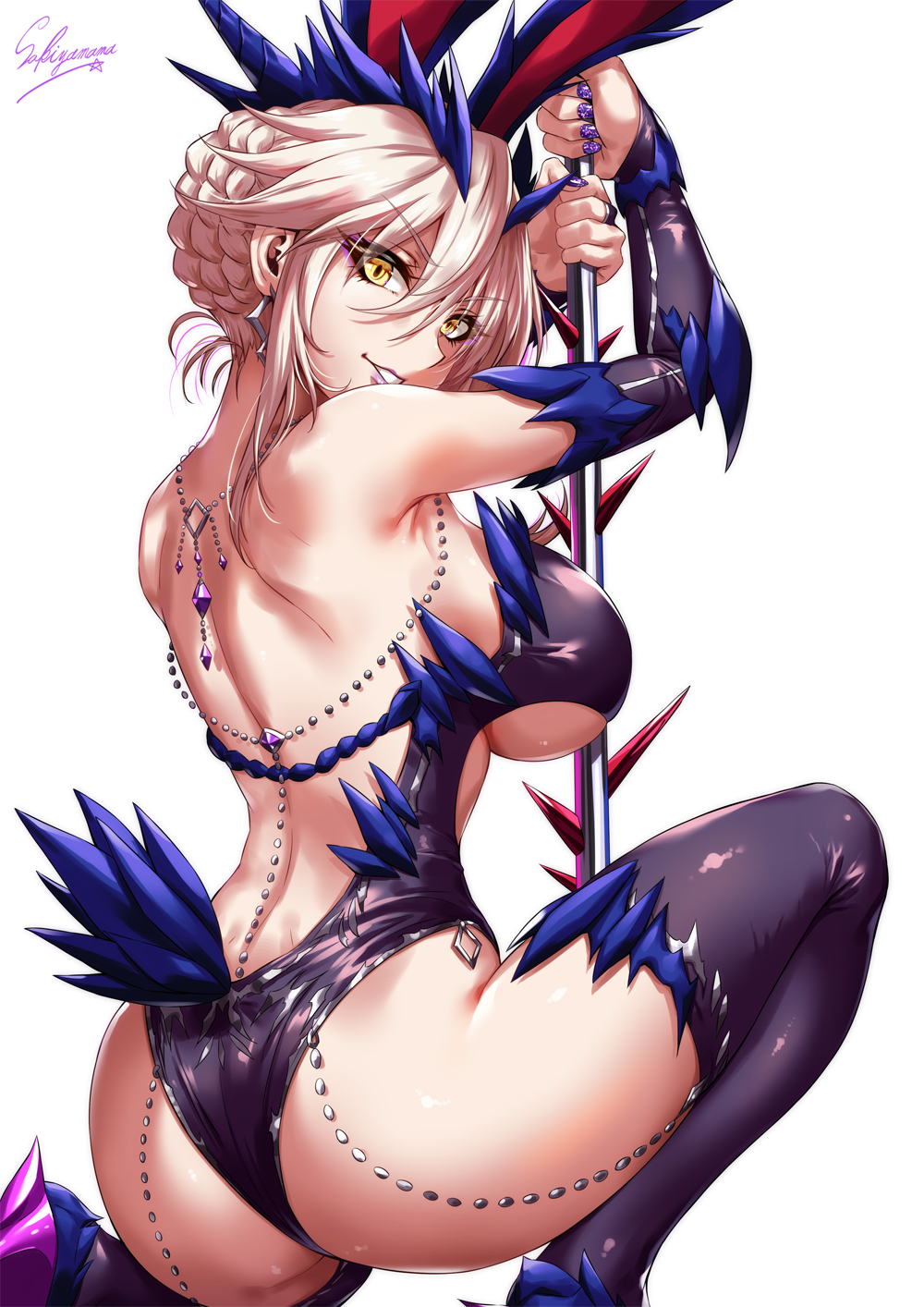 1girl ahoge amethyst animal_ears artist_name artoria_pendragon_(all) artoria_pendragon_(lancer_alter) ass back backless_leotard bangs bare_back bare_shoulders blonde_hair blurry blush body_chain bokeh braid breasts bunnysuit center_opening commentary_request craft_essence crown_braid dark_persona depth_of_field detached_collar dimples_of_venus earrings fate/grand_order fate_(series) from_behind glint glitter grin hair_between_eyes high_heels highres holding_pole horns jewelry large_breasts leotard light_particles looking_at_viewer looking_back nail_polish one_knee pole purple_background purple_legwear purple_leotard purple_lips purple_nails rabbit_ears sakiyamama shiny shiny_skin shoulder_blades sidelocks signature simple_background smile solo sparkle squatting tail taut_clothes thigh-highs tsurime white_background wrist_cuffs yellow_eyes