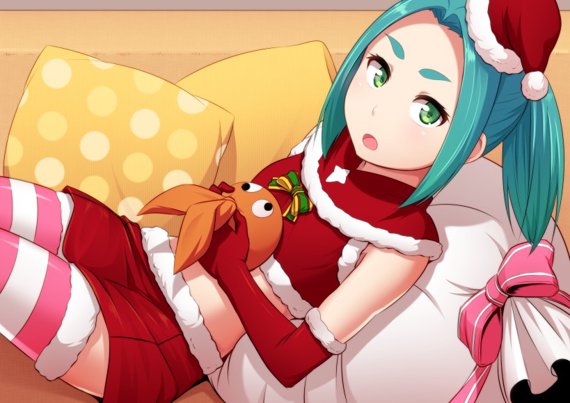 1girl aqua_hair couch crop_top elbow_gloves fur-trimmed_gloves fur-trimmed_hat fur-trimmed_legwear fur-trimmed_skirt fur_trim gloves green_eyes hat holding looking_at_viewer lying midriff miniskirt monogatari_(series) murata_isshin on_back ononoki_yotsugi open_mouth pencil_skirt polka_dot_pillow red_gloves red_hat red_skirt santa_costume santa_hat skirt solo stomach striped striped_legwear thigh-highs twintails white_pillow yellow_pillow