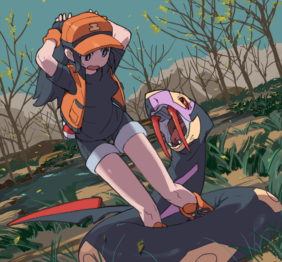 1girl american_dog_wo arms_up baseball_cap black_eyes black_gloves black_hair black_shirt black_shorts boots breasts bright_pupils creatures_(company) cross-laced_footwear dutch_angle fingerless_gloves game_freak gen_3_pokemon gloves grass hat lace-up_boots long_hair looking_down medium_breasts nintendo npc_trainer open_clothes open_mouth open_vest orange_footwear orange_hat orange_vest outdoors pokemon pokemon_(creature) pokemon_(game) pokemon_oras pokemon_ranger_(pokemon) ponytail seviper shirt short_sleeves shorts solo standing thigh_gap tree vest water white_pupils