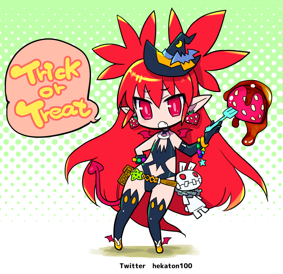 1girl asymmetrical_gloves bat_wings bikini chibi demon_tail disgaea etna food fork fruit gloves halloween hat hekaton long_hair pointy_ears red_eyes redhead shoes solo standing strawberry swimsuit tail thigh-highs very_long_hair winged_shoes wings witch_hat