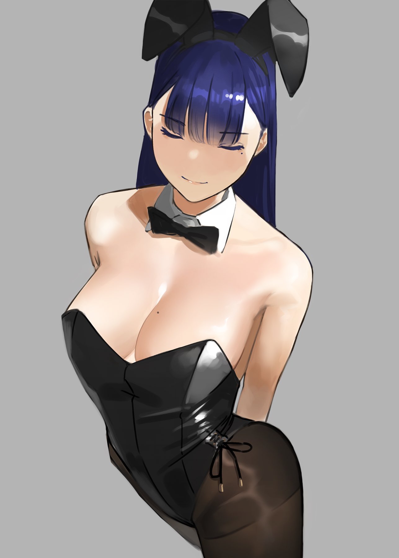 1girl animal_ears arms_behind_back bangs bare_shoulders black_legwear blue_hair bow bowtie breasts bunnysuit cleavage closed_eyes detached_collar highres long_hair mole mole_on_breast mole_under_eye original pantyhose rabbit_ears smile solo yomu_(sgt_epper)