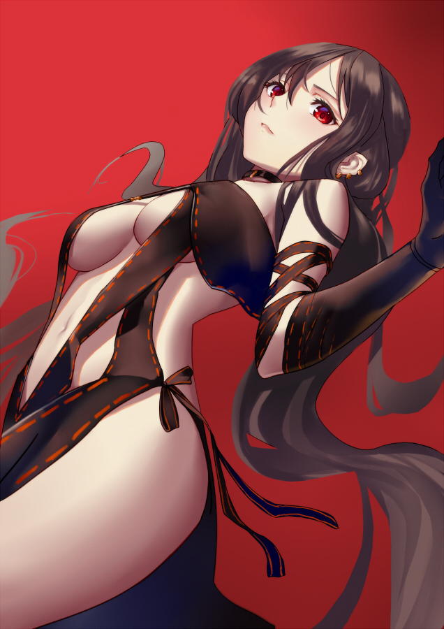 1girl bangs black_dress black_gloves blush breasts brown_hair center_opening choker consort_yu_(fate) dress dutch_angle ear_piercing elbow_gloves eyebrows_visible_through_hair fate/grand_order fate_(series) floating_hair from_below gloves hair_between_eyes large_breasts long_hair looking_at_viewer navel piercing red_background red_eyes sakanasoko simple_background solo strapless strapless_dress