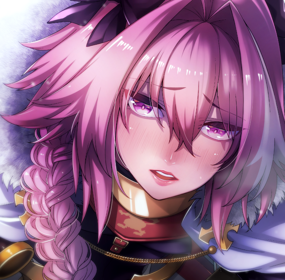 1boy astolfo_(fate) blush braid cape commentary_request eyebrows_visible_through_hair fate/apocrypha fate/grand_order fate_(series) fur_trim hair_intakes long_braid looking_at_viewer male_focus multicolored_hair ohara_hiroki otoko_no_ko parted_lips pink_hair single_braid solo streaked_hair violet_eyes