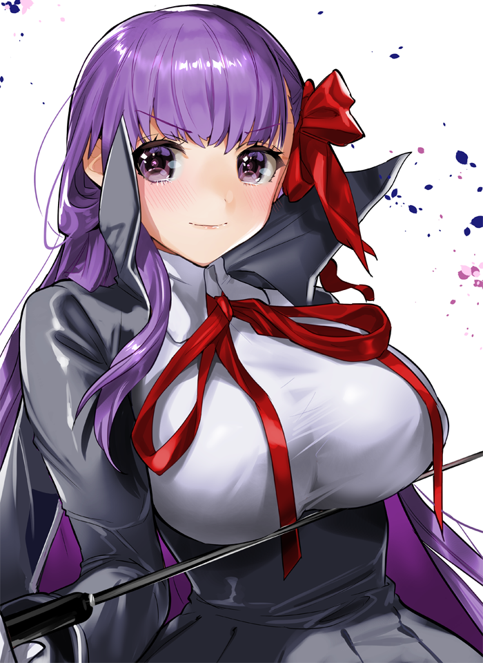 1girl bangs bb_(fate)_(all) black_coat blush breasts eyebrows_visible_through_hair fate/grand_order fate_(series) hair_ribbon large_breasts long_hair ogino_atsuki purple_hair red_ribbon ribbon riding_crop simple_background smile solo very_long_hair violet_eyes