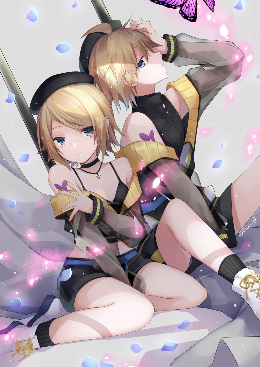 1boy 1girl ahoge bare_shoulders beret black_legwear blonde_hair breasts brother_and_sister butterfly_tattoo choker dutch_angle ear_piercing half-closed_eyes hand_on_own_head hand_on_own_shoulder hat highres kagamine_len kagamine_rin kneeling kuroi_(liar-player) light_particles looking_at_viewer looking_to_the_side migikata_no_chou_(vocaloid) parted_lips petals piercing purple_butterfly see-through_sleeves shoes short_hair shorts siblings signature sitting small_breasts sneakers socks tattoo twins twitter_username vocaloid yellow_nails zipper