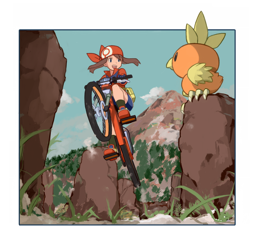 1girl :d american_dog_wo bandanna bicycle bike_shorts black_legwear blue_eyes blue_sky brown_hair clouds creatures_(company) day game_freak gen_3_pokemon gloves grass ground_vehicle haruka_(pokemon) medium_hair mountain nintendo open_mouth outdoors pokemon pokemon_(creature) pokemon_(game) pokemon_rse shoes sky smile socks solo teeth torchic