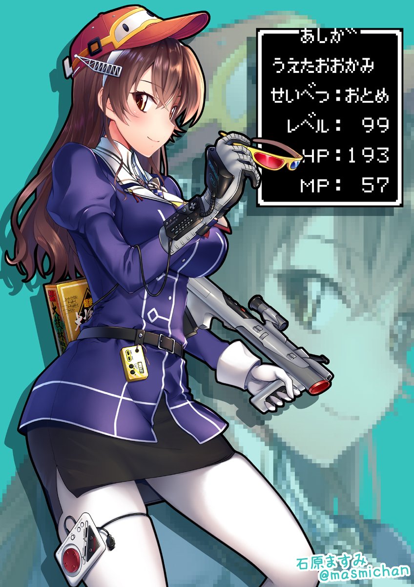 artist_name ashigara_(kantai_collection) black_skirt breasts brown_eyes brown_hair from_side gloves hair_ornament hairband highres horned_headwear ishihara_masumi kantai_collection large_breasts long_hair looking_at_viewer mismatched_gloves pantyhose remodel_(kantai_collection) single_glove skirt smile twitter_username uniform wavy_hair white_gloves white_legwear