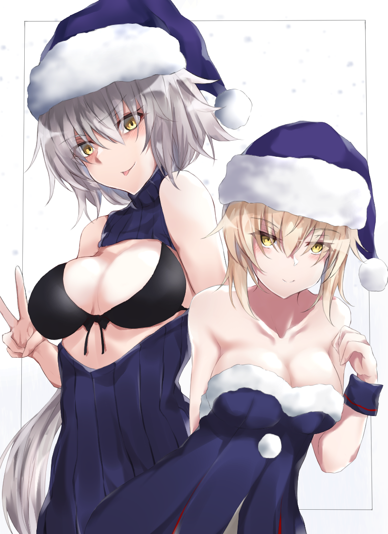 2girls :p alternate_costume artoria_pendragon_(all) bangs bare_shoulders bikini_top black_bikini_top blonde_hair blue_dress blue_hat blue_santa_costume blue_sweater blush breasts brown_eyes cleavage closed_mouth collarbone commentary_request dress eyebrows_visible_through_hair fate/grand_order fate_(series) fur-trimmed_dress fur_trim grey_hair hair_between_eyes hand_up hat jeanne_d'arc_(alter)_(fate) jeanne_d'arc_(fate)_(all) large_breasts medium_breasts meme_attire multiple_girls open-chest_sweater saber_alter santa_costume santa_hat sleeveless sleeveless_turtleneck smile strapless strapless_dress sweater tongue tongue_out turtleneck turtleneck_sweater upper_body v yellow_eyes yuki_maccha_(yukimattya10)