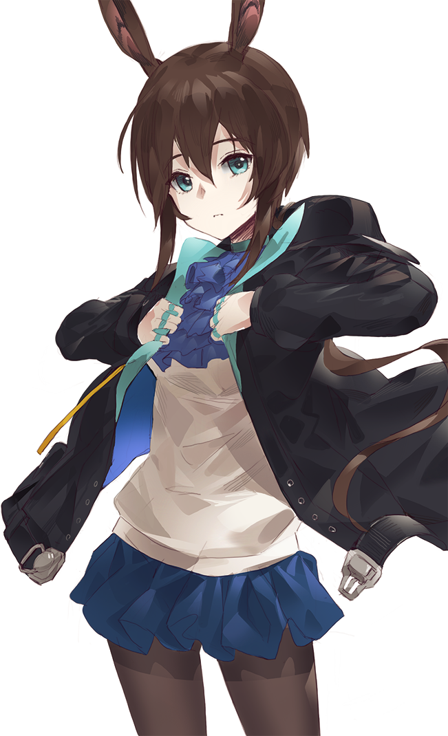 1girl amiya_(arknights) animal_ears arknights ascot bad_id bad_twitter_id bangs black_jacket blue_eyes blue_neckwear blue_skirt brown_hair grey_legwear hair_between_eyes jacket kfr long_sleeves looking_at_viewer pantyhose pleated_skirt rabbit_ears shirt short_hair sidelocks simple_background skirt solo standing white_background white_shirt