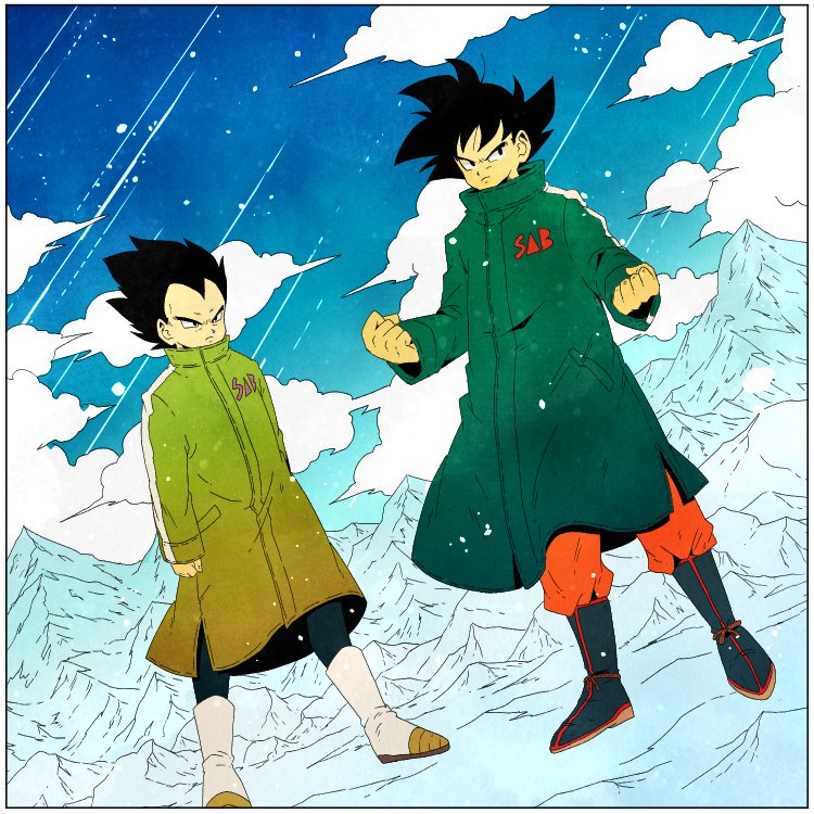 2boys black_hair blue_sky boots border clenched_hands clouds cloudy_sky coat commentary day dragon_ball dragon_ball_super dragon_ball_super_broly dragonball_z dutch_angle english_commentary fighting_stance frown full_body looking_away male_focus mountain multiple_boys outdoors serious short_hair sky snow son_gokuu spiky_hair spread_legs standing symbol_commentary toritoki_(trig_tkdb) vegeta winter_clothes winter_coat