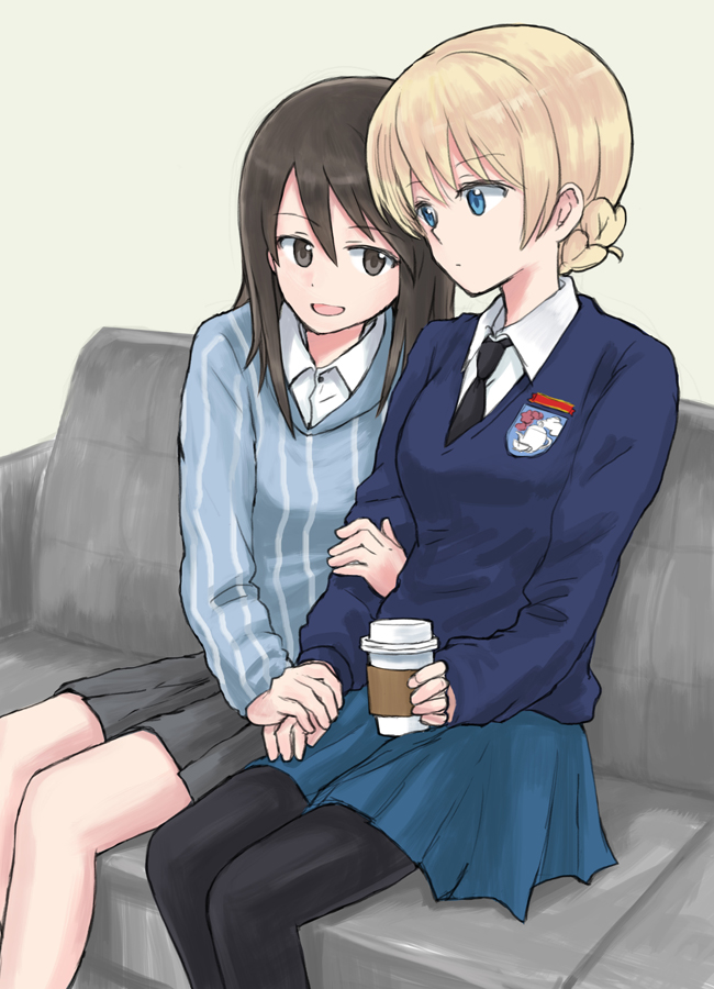 2girls arm_grab bangs black_legwear black_neckwear blonde_hair blue_eyes blue_shirt blue_skirt blue_sweater braid brown_eyes brown_hair closed_mouth couch cup darjeeling disposable_cup dress_shirt emblem eyebrows_visible_through_hair girls_und_panzer grey_background grey_skirt hat holding holding_cup holding_hat keizoku_school_uniform light_frown long_hair long_sleeves looking_at_another mika_(girls_und_panzer) miniskirt multiple_girls mutsu_(layergreen) necktie no_hat no_headwear on_couch open_mouth pantyhose pleated_skirt school_uniform shirt short_hair sitting skirt smile st._gloriana's_(emblem) st._gloriana's_school_uniform striped striped_shirt sweater tied_hair v-neck vertical-striped_shirt vertical_stripes white_shirt wing_collar yuri