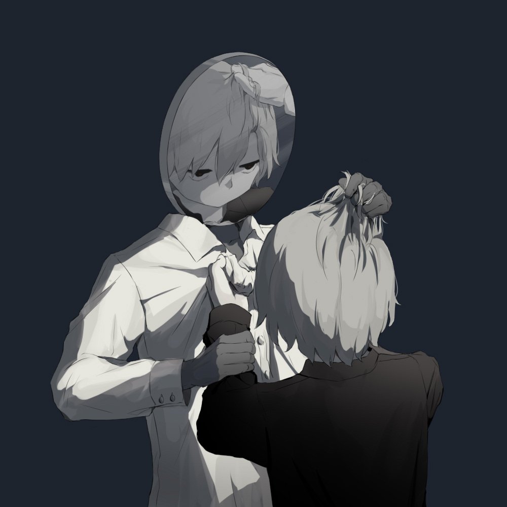 2boys arm_grab avogado6 commentary dark_background fighting greyscale hair_pull long_sleeves mirror monochrome multiple_boys original shirt shirt_grab tagme