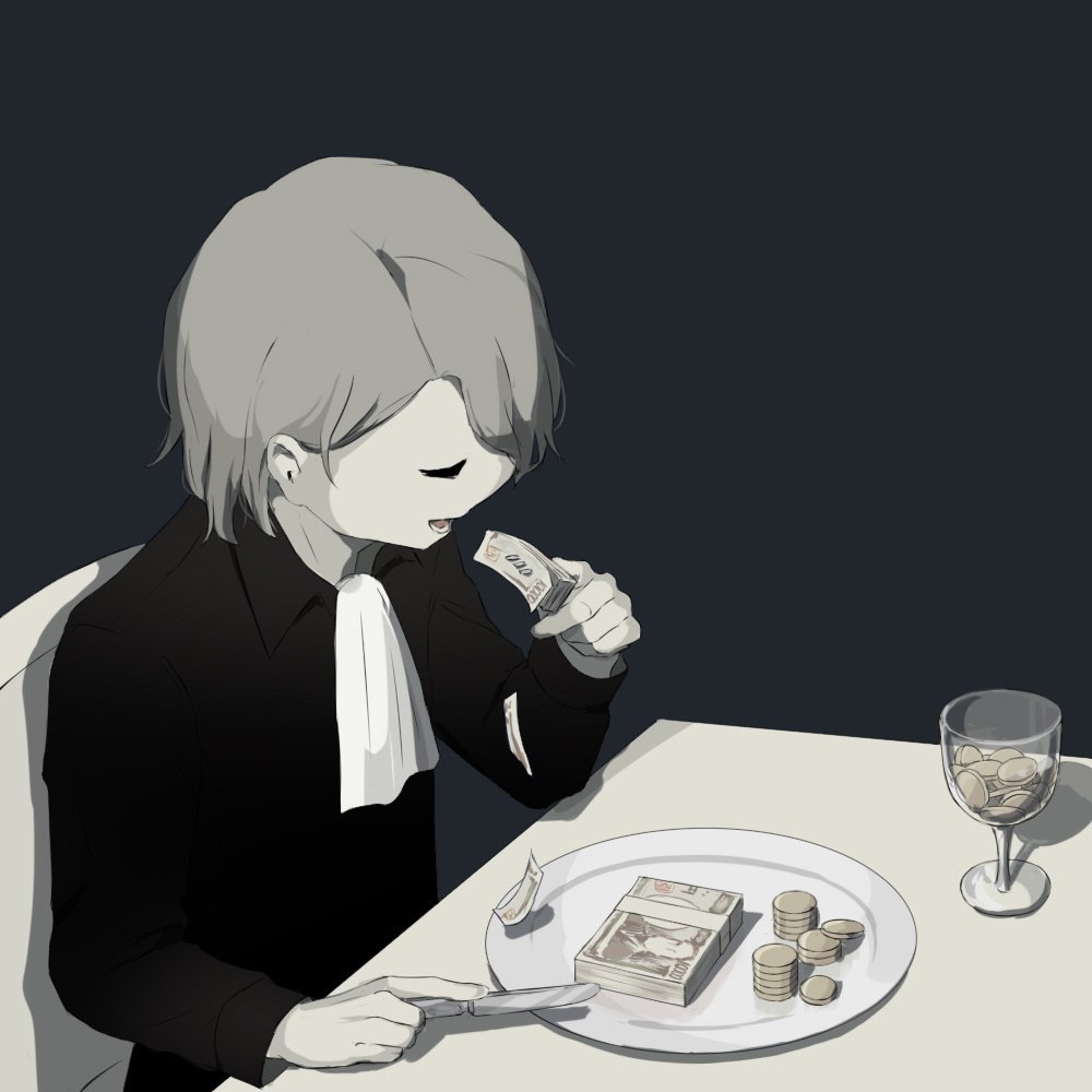 1boy avogado6 chair coin commentary cup dark_background drinking_glass eating fork knife long_sleeves money open_mouth original plate shirt sitting tagme wine_glass